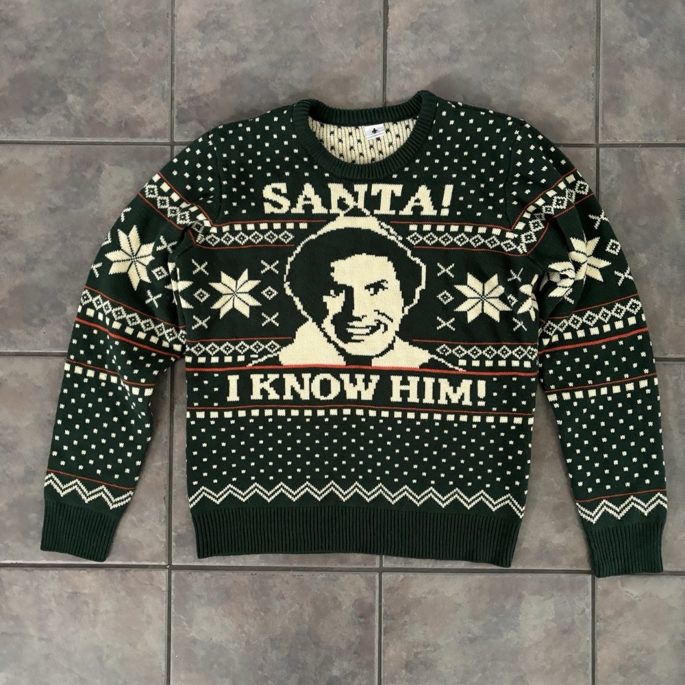 Christmas Elf Sweater Mens L Green Fair Isle "Santa I Know Him" Elf Movie